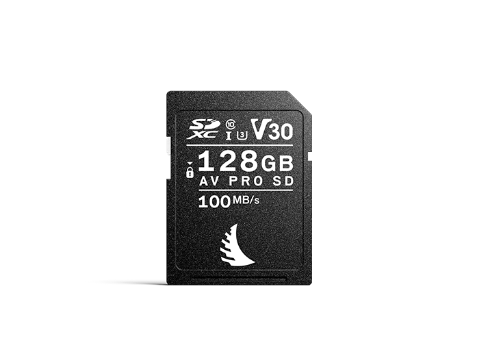 AV PRO SD V30 memory card with 128 GB capacity displayed on a neutral background.