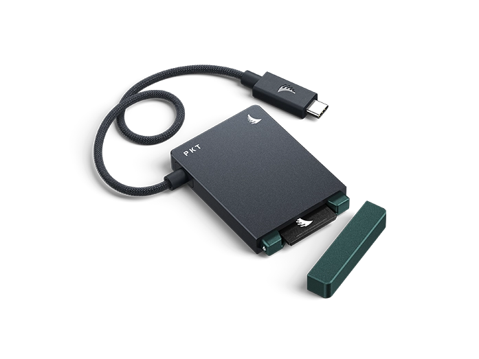 SD Card Reader PKT wit grey body and green cap with USB 3.2 Cable displayed on a neutral background