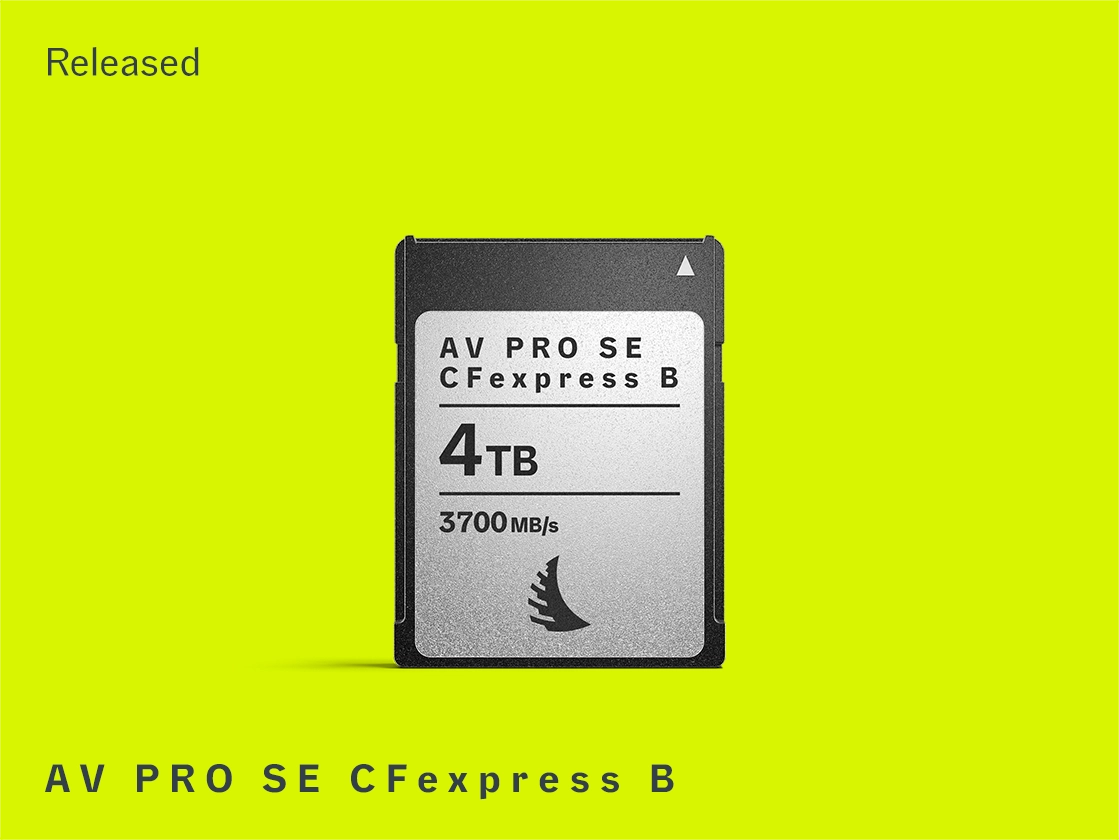AV PRO SE CFExpress B v4 4 TB memory card displayed on a yellow background